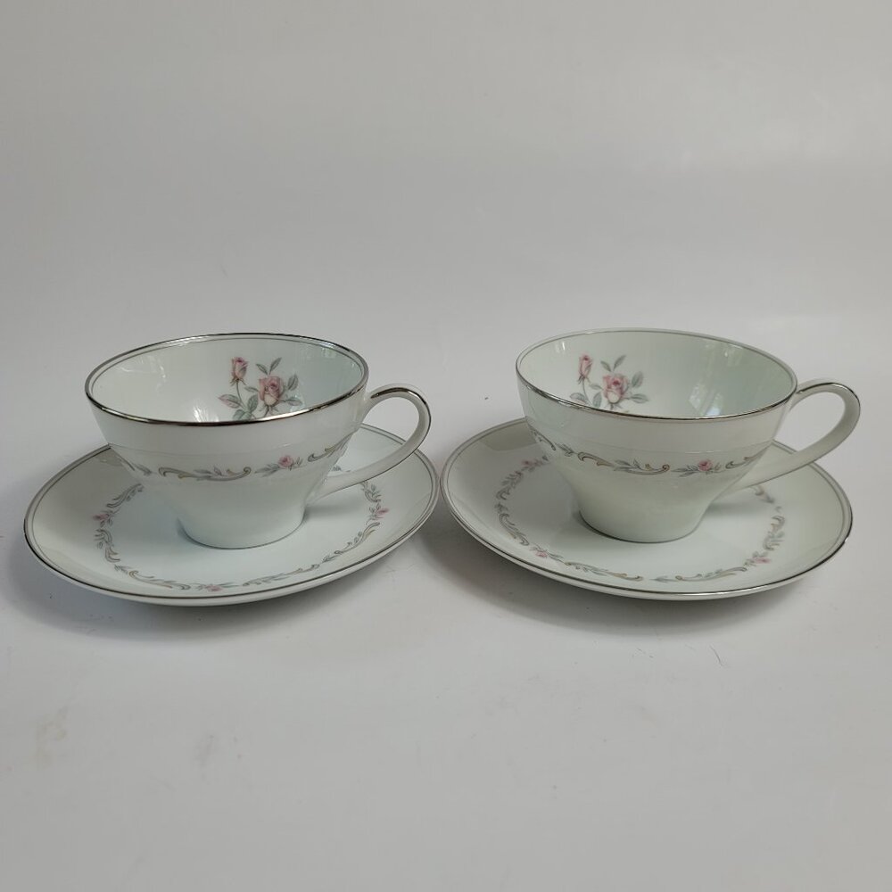 TWO Noritake China Mayfair Cup and Saucer Sets 6109 White Pink Roses Gray Scroll